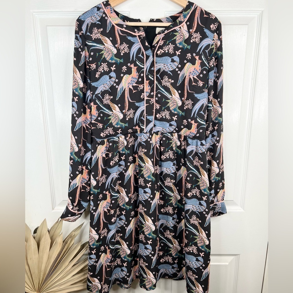 Loft Women's Size 8 Black Bird Print Long Sleeve Knee Length Dress